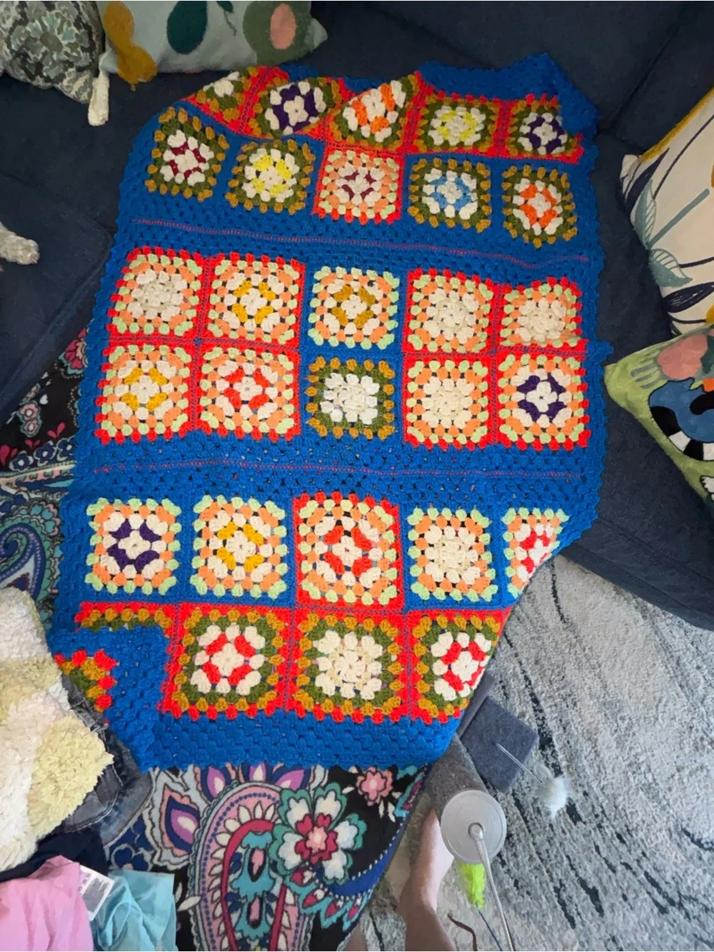 Handmade Blue Multicolor Crochet Granny Square Throw - Unbranded